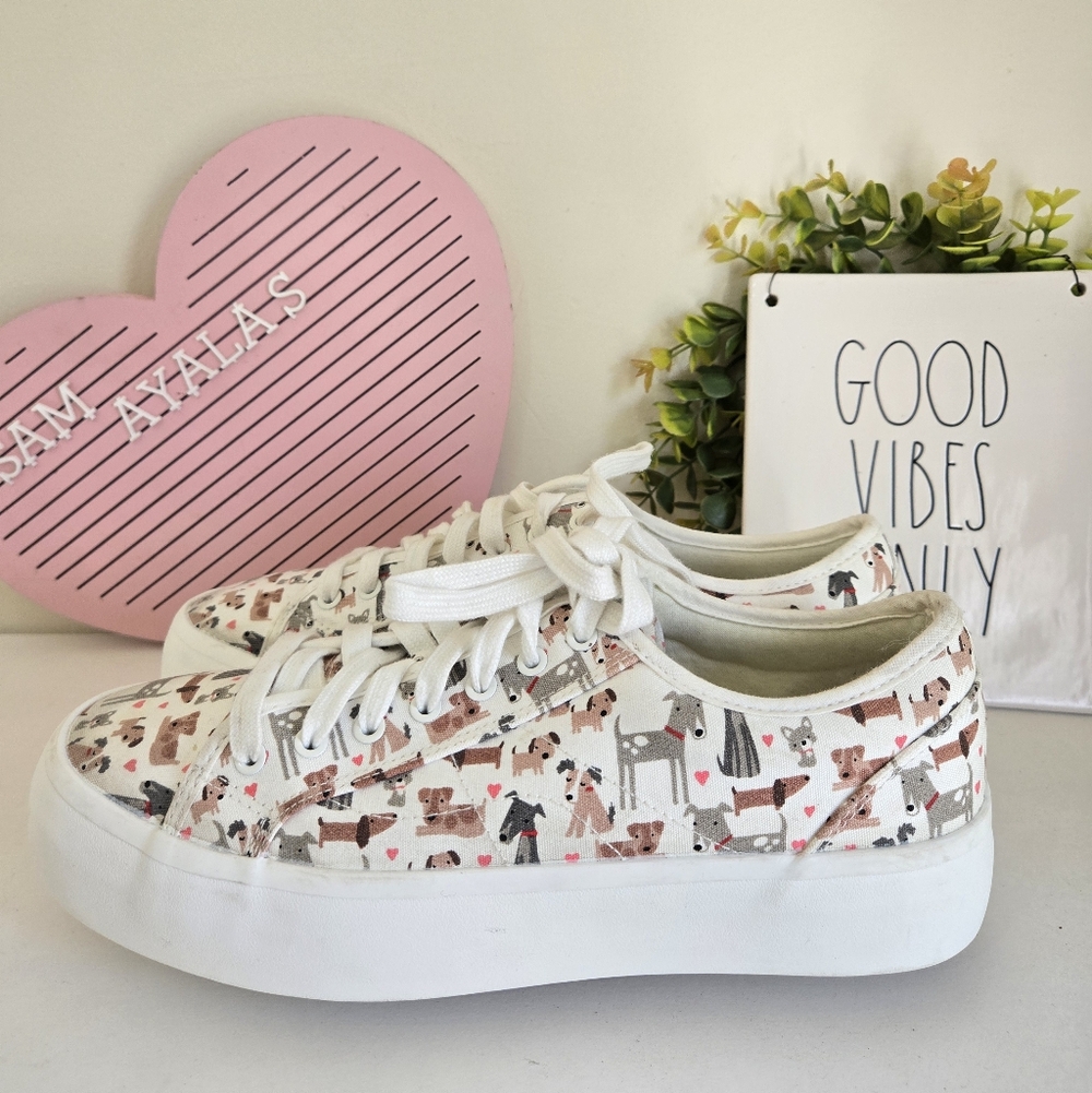 Women's White Canvas Platform Sneakers with Dog Print